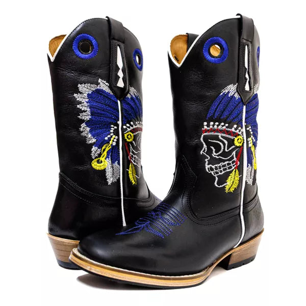 Bota Texana Salto Carrapeta Preta Cocar Caveira