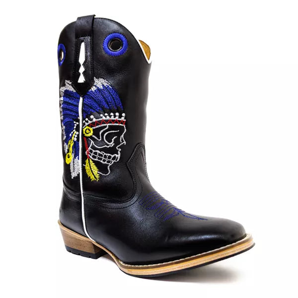 Bota Texana Salto Carrapeta Preta Cocar Caveira