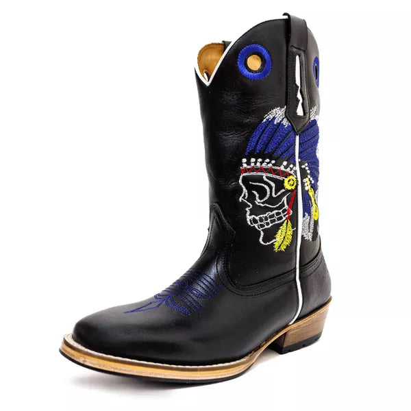 Bota Texana Salto Carrapeta Preta Cocar Caveira