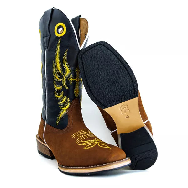 Bota Texana Salto Carrapeta Cano Preto Bordado Amarelo