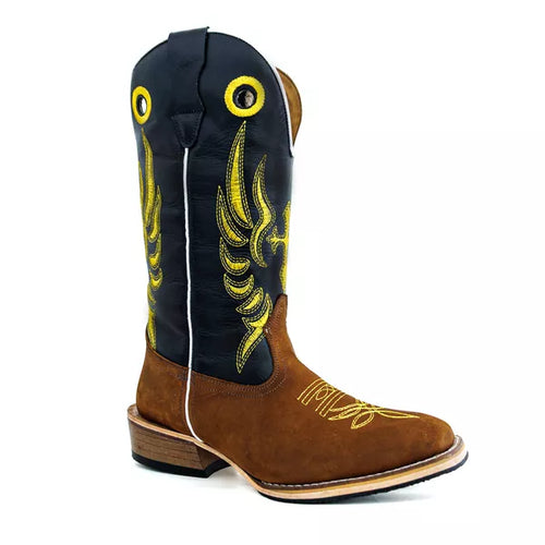 Bota Texana Salto Carrapeta Cano Preto Bordado Amarelo