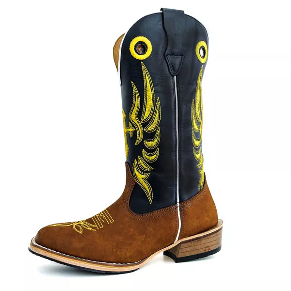 Bota Texana Salto Carrapeta Cano Preto Bordado Amarelo
