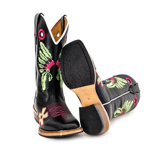 Bota Texana Salto Carrapeta Couro Legítimo Cocar Verde Vermelho