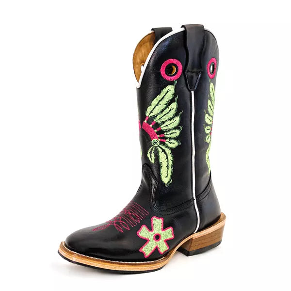 Bota Texana Salto Carrapeta Couro Legítimo Cocar Verde Vermelho