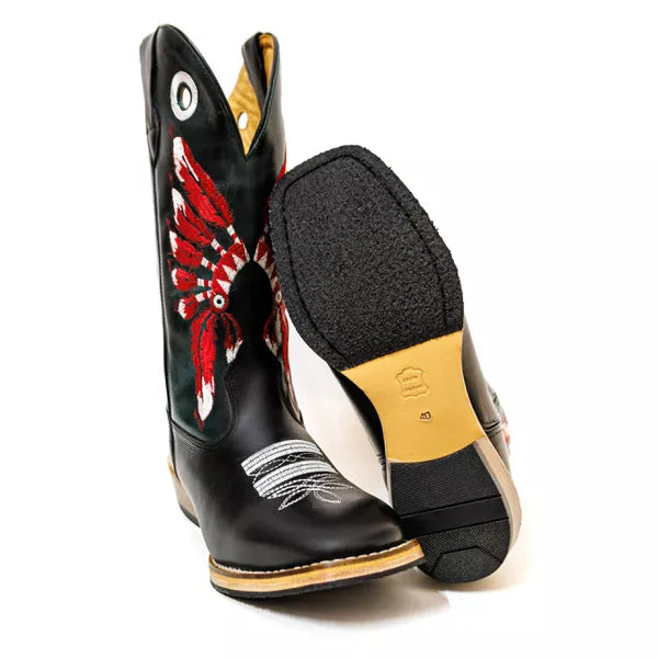 Bota Texana Salto Carrapeta Preta Cocar Vermelho