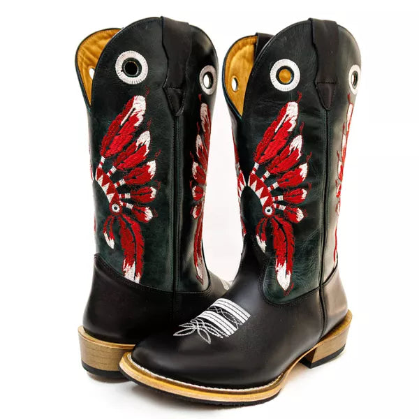 Bota Texana Salto Carrapeta Preta Cocar Vermelho