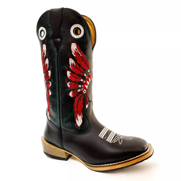 Bota Texana Salto Carrapeta Preta Cocar Vermelho