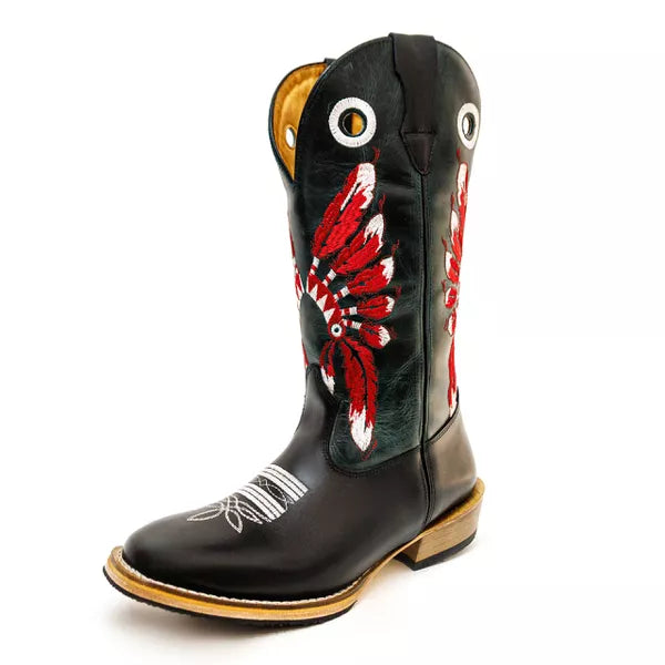 Bota Texana Salto Carrapeta Preta Cocar Vermelho