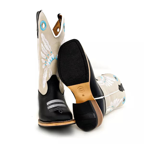 Bota Texana Salto Carrapeta Couro Legítimo Cocar Branco