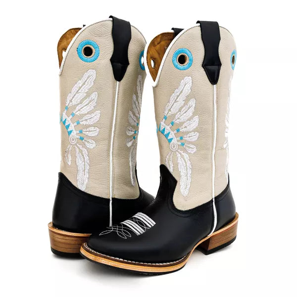 Bota Texana Salto Carrapeta Couro Legítimo Cocar Branco