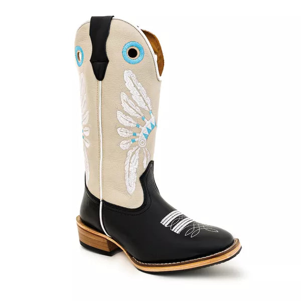 Bota Texana Salto Carrapeta Couro Legítimo Cocar Branco