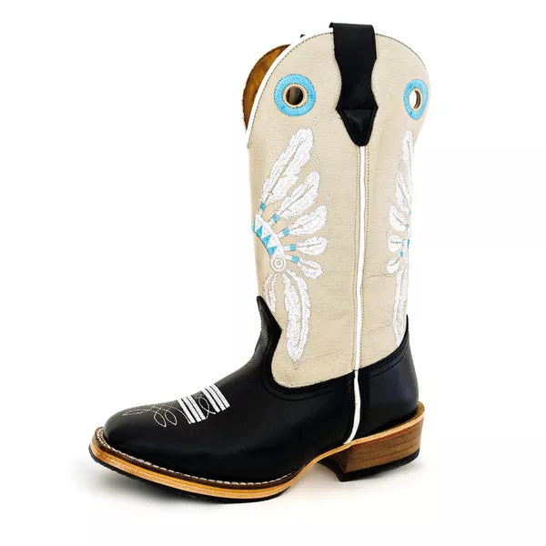Bota Texana Salto Carrapeta Couro Legítimo Cocar Branco