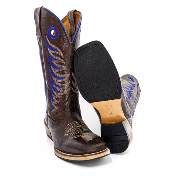 Bota Texana Salto Carrapeta Elefante Marrom Bordado Azul