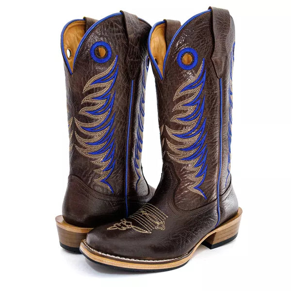 Bota Texana Salto Carrapeta Elefante Marrom Bordado Azul
