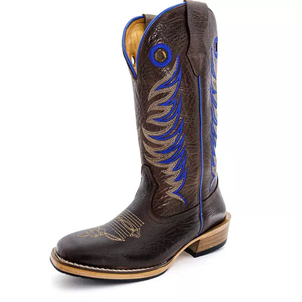 Bota Texana Salto Carrapeta Elefante Marrom Bordado Azul