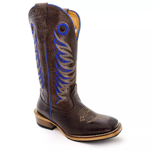 Bota Texana Salto Carrapeta Elefante Marrom Bordado Azul