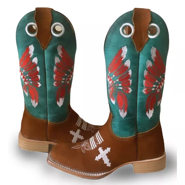 Bota Texana Salto Carrapeta Cano Verde Cocar Vermelho