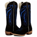 Bota Texana Salto Carrapeta Couro Legítimo Preta Bordado Azul