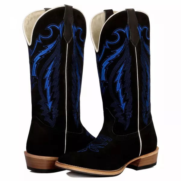 Bota Texana Salto Carrapeta Couro Legítimo Preta Bordado Azul