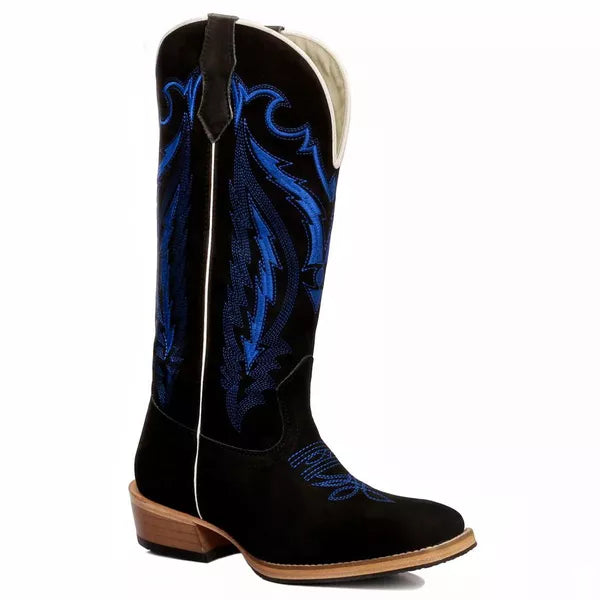 Bota Texana Salto Carrapeta Couro Legítimo Preta Bordado Azul
