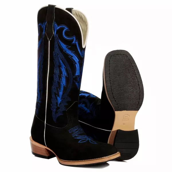 Bota Texana Salto Carrapeta Couro Legítimo Preta Bordado Azul