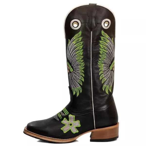 Bota Texana Salto Carrapeta Couro Legítimo Índio Cocar