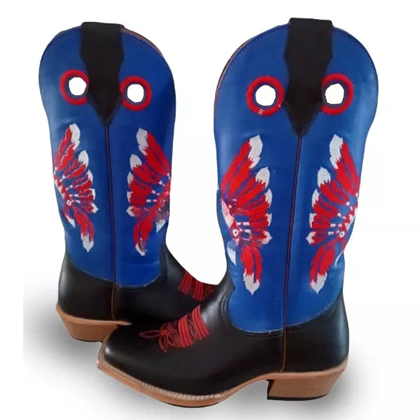 Bota Texana Salto Carrapeta Couro Legítimo Cocar Vermelho